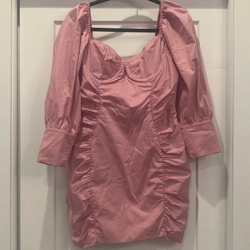 Pink Puff-Sleeve Ruched Mini Dress